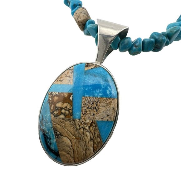 Jay King Necklace Pendant Set Turquoise Jasper Inlay 2 Sided Cross Silver 925